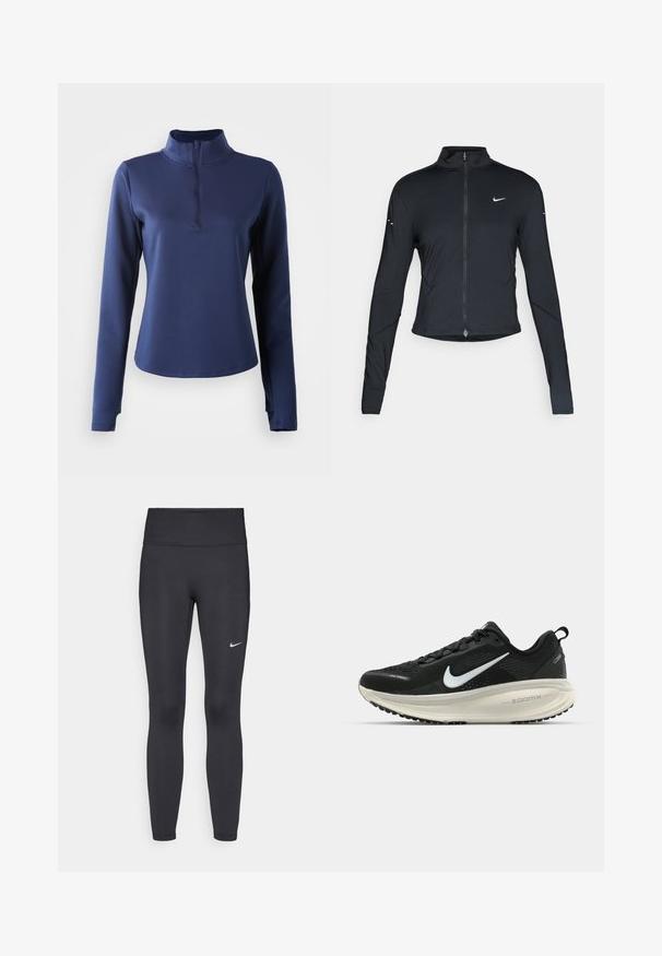 Must have pika, pikkade varrukatega sportlik jakk, ees lukuga ja valge Nike swooshi logo vasakul rinnal, mõeldud kitsaks sobivuseks.; Tumedate pikkade varrukatega pluus kõrge kraega ja neljandiku tõmblukuga. Sile tekstuur, keha lähedane disain ja õmbluse detailid kaela ümber.; Mustad mustadest leggingid, mis on valmistatud venivast kangast, kõrge vöökoha ja valge Nike logo abil vasakul reiel. Sile tekstuur, keha järgiv disain.; Musthave mustus Nike jooksujalats, millel on hingav võrgust ülemine osa, valge swoosh logo, tekstuuriga detailid ja kreemja värvusega ZoomX vahevöö.