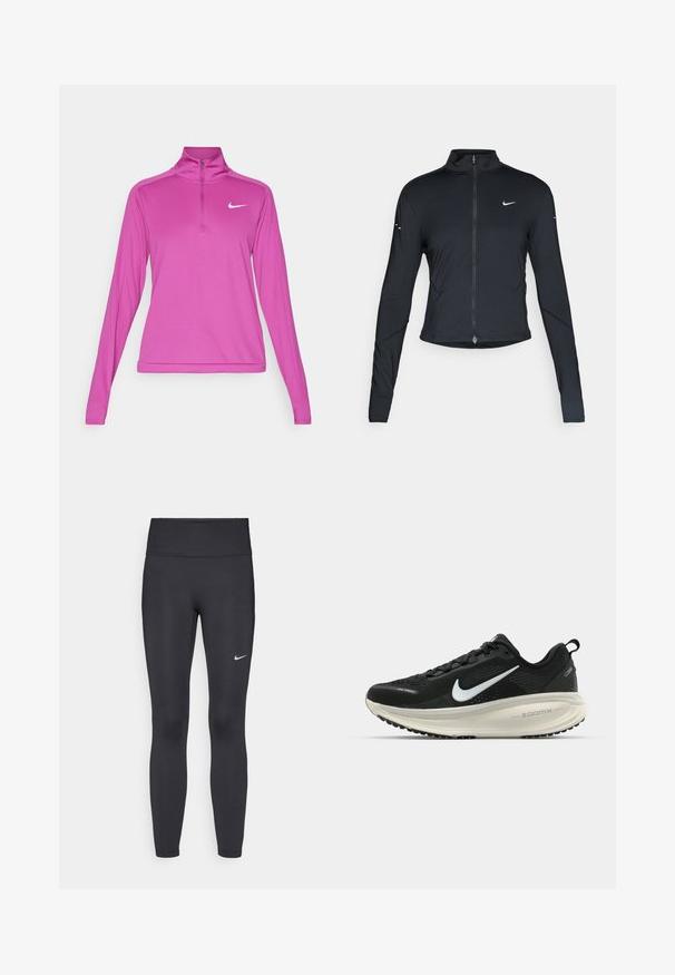 Fekete, hosszú ujjú sportdzseki elején zippzárral és fehér Nike swoosh logóval a bal mellen, karcsú fazonra tervezve.; Nike Performance DRI-FIT PACER - Hosszú ujjú felső - hot fuchsia; Fekete leggings elasztikus anyagból, magas derékkal és fehér Nike logóval a bal combon. Simább textúra, testhez álló kialakítás.; Fekete Nike futócipő légáteresztő hálós felsőrésszel, fehér Swoosh logóval, textúrázott részletekkel és krém színű ZoomX középtalppal.
