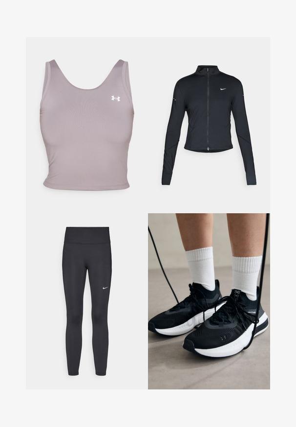 Črna dolgoprogaška jakna s dolgimi rokavi, z zadrgo spredaj in belim logotipom Nike na levem prsnem delu, zasnovana za ohlapno prileganje.; Lilična brezrokavna športna majica s krožnim izrezom, izdelana iz gladkega materiala, z majhnim belim logotipom na zgornji levi strani.; Črne legice iz elastične tkanine, z visokim pasom in belim Nike logo na levem stegnu. Gladka tekstura, oblikovno prilegajoč dizajn.; Črne športne čevlje z strukturirano tkanino, belo podplatom in črnimi vezalkami. Nosi se z belimi rebrastimi nogavicami, stoje na svetli površini.