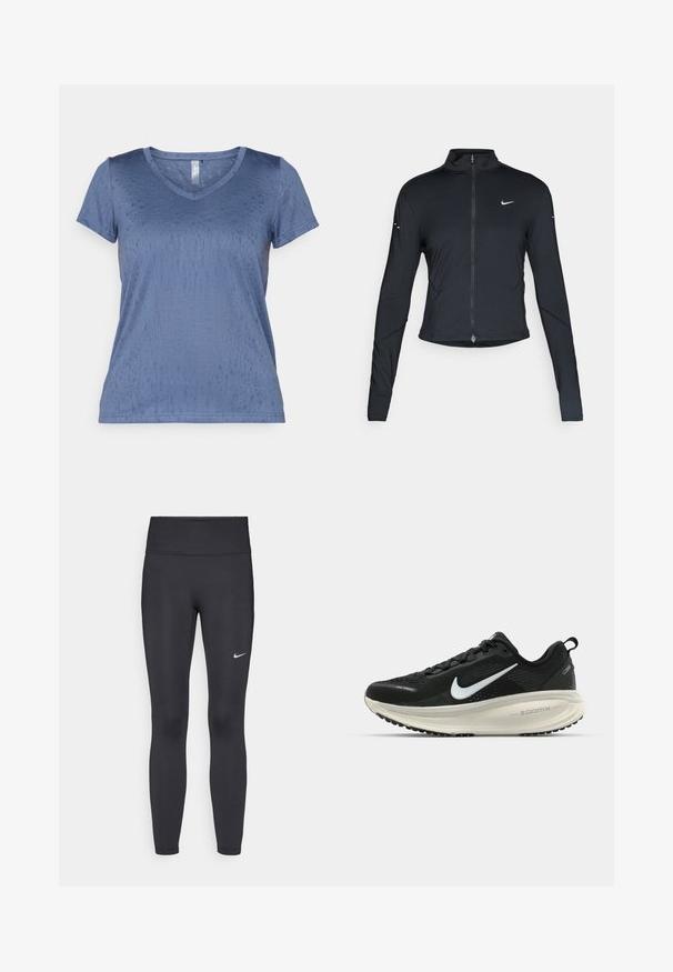 Black long-sleeve athletic jacket with front zipper and white Nike swoosh logo on left chest, designed for a slim fit.; Blue V-neck t-shirt made of smooth, textured fabric with short sleeves and a subtle pattern. Features a straight hem and lightweight design.; Black leggings made of stretchy fabric, featuring a high waistband and a white Nike logo on the left thigh. Smooth texture, form-fitting design.; Black Nike running shoe with breathable mesh upper, white swoosh logo, textured detailing, and a cream-colored ZoomX midsole.