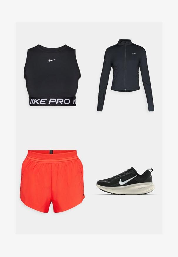 Chaqueta atlética negra de manga larga con cremallera frontal y logo de Nike en blanco en el pecho izquierdo, diseñada para un ajuste slim.; Sujetador deportivo negro con un escote alto y una banda gruesa que presenta "NIKE PRO" en blanco. Hecho de material suave y elástico. Logo de Nike en el pecho.; Pantalones cortos deportivos rojos hechos de tejido ligero con una cinturilla elástica, que cuentan con bolsillos laterales y un pequeño logo negro en el dobladillo.; Zapatilla de running Nike negra con parte superior de malla transpirable, logo Swoosh blanco, detalles texturizados y una entresuela ZoomX de color crema.
