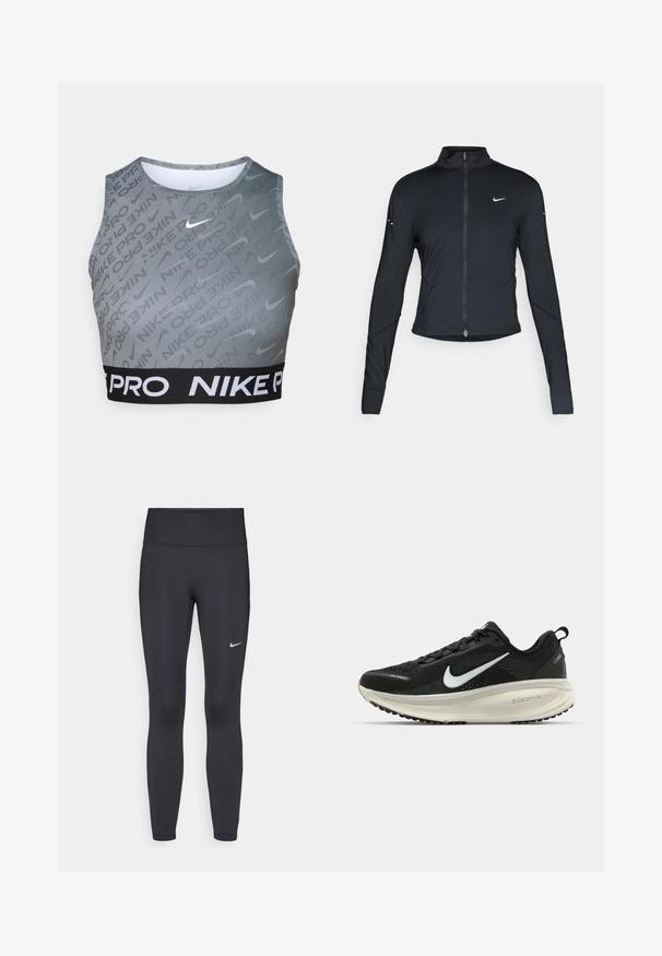 Melnā garo piedurkņu sporta jaka ar priekšējo rāvējslēdzēju un baltu Nike swoosh logo uz kreisā krūts, paredzēta ciešai piegriezei.; Nike Pro īsais sporta krūšturis pelēkā krāsā ar melnu elastīgu jostu. Iezīmē vertikālas svītras un smalku logotipa rakstu. Gluda tekstūra, bez piedurknēm.; Melnas legingi, izgatavoti no elastīga auduma, ar augstu jostu un baltu Nike logotipu kreisajā augšstilbā. Gluda tekstūra, piegulošs dizains.; Melnas Nike skriešanas kurpes ar elpojošu acs augšdaļu, baltu Swoosh logotipu, strukturētu apdari un krēmkrāsas ZoomX starpsole.