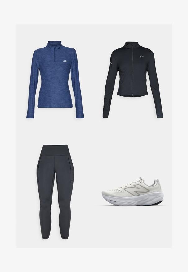 Fekete, hosszú ujjú sportdzseki elején zippzárral és fehér Nike swoosh logóval a bal mellen, karcsú fazonra tervezve.; New Balance SPORT ESSENTIALS SPACE DYE QUARTER ZIP - Hosszú ujjú felső - navy heather; Magas derekú, fekete leggings, rugalmas, sima anyagból. Két oldalsó zsebből és kontrasztos varrásból áll a varratok mentén.; Fehér sportcipők hálós felsőrésszel, párnázott nyakkal, textúrált talppal és a "Fresh Foam" felirattal a középtalpon.