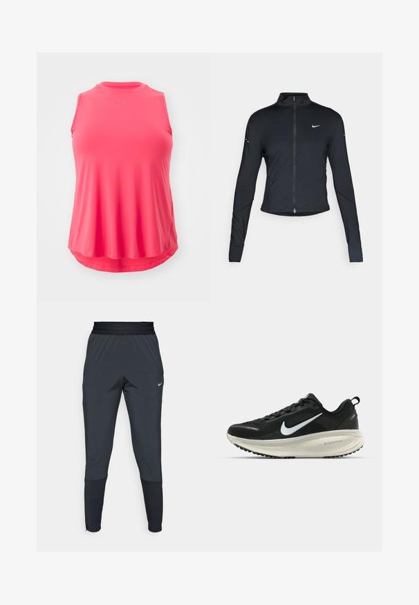 Fekete, hosszú ujjú sportdzseki elején zippzárral és fehér Nike swoosh logóval a bal mellen, karcsú fazonra tervezve.; Nike Performance ONE CLASSIC TANK PLUS - Felső - aster pink/black; Nike sportnadrág sötétszürke színben, szűkített lábakkal, rugalmas derékpánttal és díszítésekkel a szárak közelében.; Fekete Nike futócipő légáteresztő hálós felsőrésszel, fehér Swoosh logóval, textúrázott részletekkel és krém színű ZoomX középtalppal.
