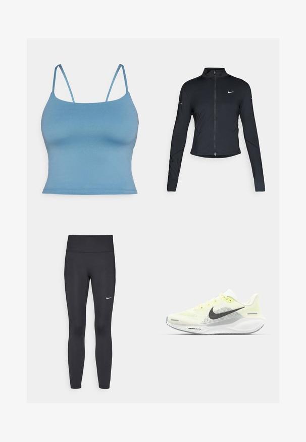 Schwarze, langärmelige Sportjacke mit Frontreißverschluss und weißem Nike-Swoosh-Logo auf der linken Brust, entworfen für eine schlanke Passform.; Blaue, figurbetonte Cami mit dünnen Trägern, aus glattem, dehnbarem Stoff. Einfaches Design mit geradem Saum und ohne weitere Details.; Schwarze Leggings aus elastischem Stoff, mit einem hohen Bund und einem weißen Nike-Logo auf dem linken Oberschenkel. Glatte Textur, figurbetontes Design.; Nike Laufschuhe mit einem hellgelben und weißen Mesh-Obermaterial, grauen Akzenten und einer flexiblen Gummisohle. Verfügt über einen Schnürverschluss.