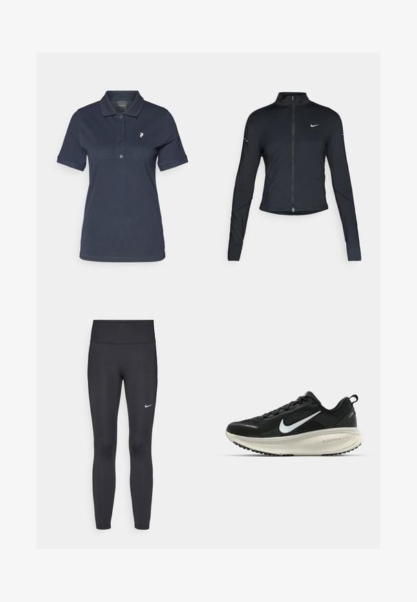 Svart langermet treningsjakke med glidelås foran og hvit Nike swoosh-logo på venstre bryst, designet for en slank passform.; Navyblå polo skjorte laget av bomull, med klassisk krage, tre-knaps placket, og en liten hvit logo på venstre bryst.; Sorte leggings laget av elastisk stoff, med høy livlinje og en hvit Nike-logo på venstre lår. Glatt tekstur, kroppsnær passform.; Svart Nike løpesko med pustende mesh-overdel, hvit swoosh-logo, teksturert detaljer og en kremfarget ZoomX mellomsåle.