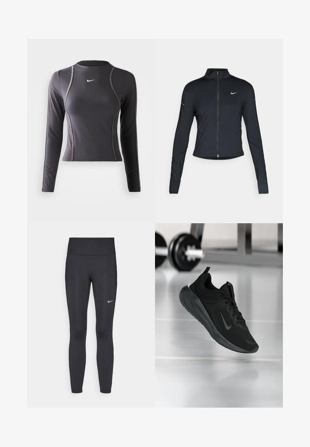 Zwarte lange mouwen sportjack met rits aan de voorkant en wit Nike swoosh-logo op de linkerborst, ontworpen voor een slank figuur.; Langarm sporttop in donkergrijs, gemaakt van rekbaar materiaal, met een ronde halslijn en contrasterende stiksels. Nike-logo op de borst.; Zwarte legging van rekbare stof met een hoge tailleband en een wit Nike-logo op de linkerdij. Gladde textuur, aansluitend ontwerp.; Zwarte sportsneaker met Nike-logo, weergegeven in de lucht boven de gymvloer, met een vervaagde halterrek op de achtergrond.