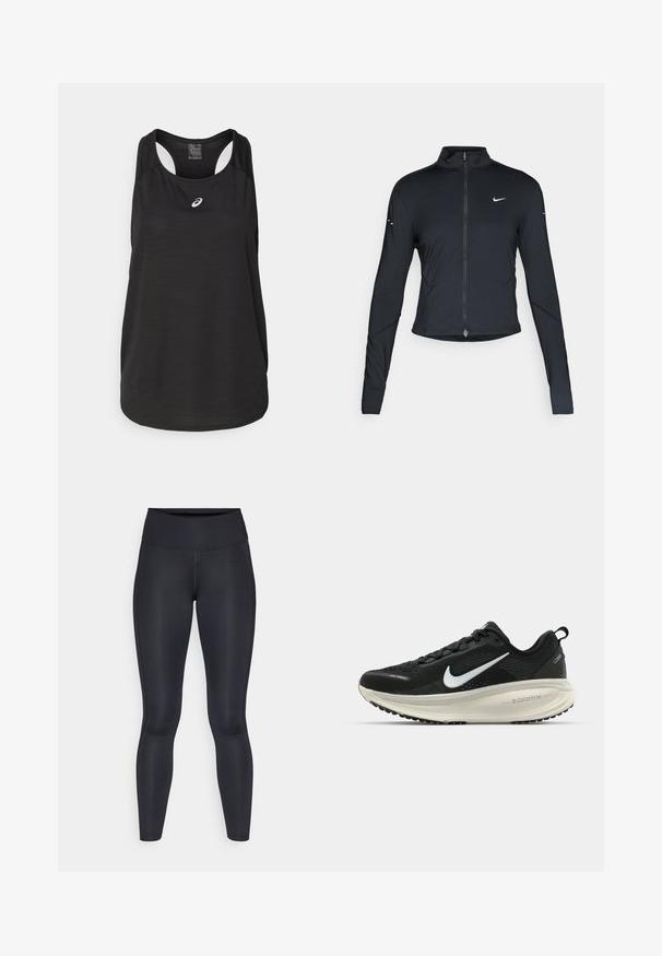 Černá sportovní bunda s dlouhým rukávem, s předním zapínáním na zip a bílým logem Nike swoosh na levé části hrudníku, navržena pro slim fit.; Černý sportovní top bez rukávů vyrobený z lehkého materiálu. Má kulatý výstřih, design s průramky a malé bílé logo na přední straně.; Černé legíny vyrobené z hladké, elastické tkaniny. Vysoký pas bez viditelných vzorů nebo akcentů. Těsně přiléhají od pasu k kotníkům.; Černá běžecká obuv Nike s prodyšným síťovaným svrškem, bílým logem swoosh, texturovanými detaily a krémovou mezipodešví ZoomX.