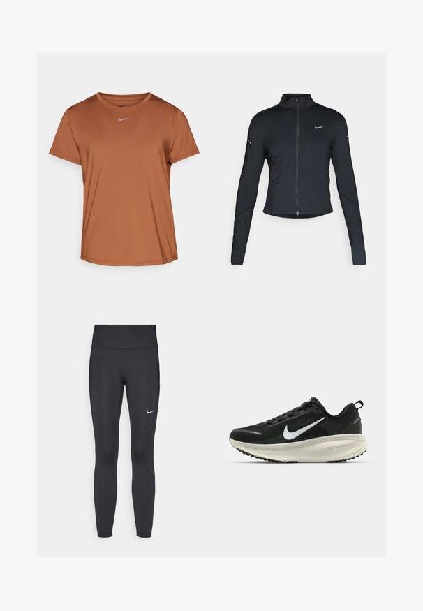 Jaqueta atlética preta de mangas longas com fecho na frente e logótipo do swoosh da Nike branco no peito esquerdo, projetada para um ajuste slim.; Nike Performance ONE CLASSIC TOP - T-shirt desportiva - british tan/black; Leggings pretos feitos de tecido elástico, com uma cintura alta e um logo branco da Nike na coxa esquerda. Textura suave, design ajustado ao corpo.; Sapatilha de corrida Nike preta com parte superior de malha respirável, logotipo Swoosh branco, detalhes texturizados e uma entressola ZoomX na cor creme.