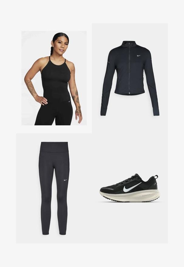 Black long-sleeve athletic jacket with front zipper and white Nike swoosh logo on left chest, designed for a slim fit.; Black athletic tank top with a high neckline and thin straps. The fabric is smooth with a fitted design, paired with matching leggings.; Black leggings made of stretchy fabric, featuring a high waistband and a white Nike logo on the left thigh. Smooth texture, form-fitting design.; Black Nike running shoe with breathable mesh upper, white swoosh logo, textured detailing, and a cream-colored ZoomX midsole.