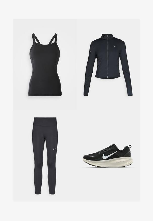 Černá sportovní bunda s dlouhým rukávem, s předním zapínáním na zip a bílým logem Nike swoosh na levé části hrudníku, navržena pro slim fit.; Černý top bez rukávů s přiléhavým střihem, vyrobený z hladké látky. Má tenké nastavitelné ramínka a zaoblený výstřih. Žádné vzory ani akcenty.; Černé legíny vyrobené z elastického materiálu, s vysokým pasem a bílým logem Nike na levém stehně. Hladká textura, přiléhavý střih.; Černá běžecká obuv Nike s prodyšným síťovaným svrškem, bílým logem swoosh, texturovanými detaily a krémovou mezipodešví ZoomX.