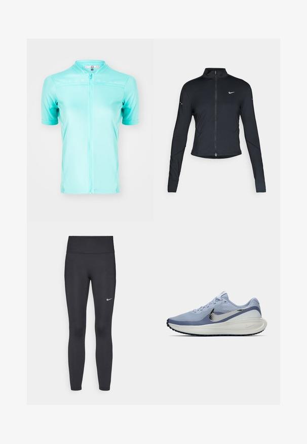 Czarna, długorękawowa, sportowa kurtka z zamkiem błyskawicznym z przodu i białym logo Nike swoosh na lewej piersi, zaprojektowana z myślą o szczupłym kroju.; Koszulka kolarska z krótkim rękawem w jasnym odcieniu turkusu, wykonana z oddychającego materiału, z pełnym zamkiem z przodu i siateczkowymi panelami dla lepszej wentylacji.; Czarne legginsy z elastycznego materiału, z wysokim pasem i białym logo Nike na lewym udzie. Gładka tekstura, dopasowany krój.; Jasnoniebieski i biały but do biegania Nike z srebrnym logo, oddychający siateczkowy cholewką, amortyzowaną podeszwą i czarnym bieżnikiem.