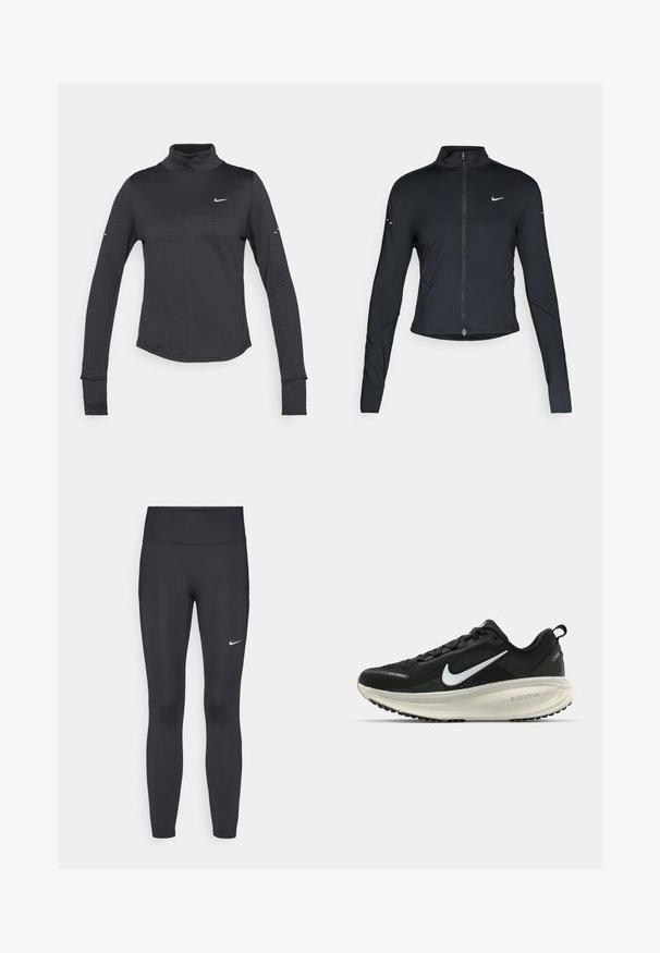 Sort langærmet træningsjakke med frontlynlås og hvid Nike swoosh-logo på venstre bryst, designet til en tætsiddende pasform.; Sort langærmet turtleneck skjorte med et subtilt tekstureret mønster, der har et lille hvidt Nike-logo på brystet og tommelhuller i manchetterne.; Sorte leggings lavet af strækbart stof, med en høj talje og et hvidt Nike-logo på venstre lår. Glat tekstur, tætsiddende design.; Sort Nike løbesko med åndbart mesh-overdel, hvidt swoosh-logo, tekstureret detaljering og en cremede ZoomX mellemsål.