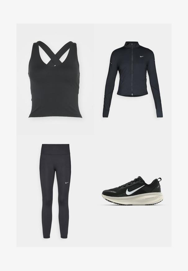 Schwarze, langärmelige Sportjacke mit Frontreißverschluss und weißem Nike-Swoosh-Logo auf der linken Brust, entworfen für eine schlanke Passform.; Schwarzes Tanktop mit einem runden Ausschnitt und gekreuzten Trägern auf dem Rücken. Hergestellt aus glattem Stoff mit einer taillierten Silhouette und ohne sichtbare Verzierungen.; Schwarze Leggings aus elastischem Stoff, mit einem hohen Bund und einem weißen Nike-Logo auf dem linken Oberschenkel. Glatte Textur, figurbetontes Design.; Schwarzer Nike-Laufschuh mit atmungsaktivem Mesh-Obermaterial, weißem Swoosh-Logo, strukturierten Details und einer cremefarbenen ZoomX-Zwischensohle.