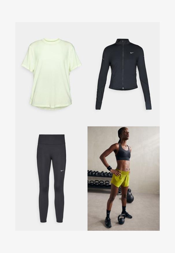Zwarte lange mouwen sportjack met rits aan de voorkant en wit Nike swoosh-logo op de linkerborst, ontworpen voor een slank figuur.; Lichtgroene T-shirt met korte mouwen, ronde hals, relaxte pasvorm, zachte textuur en een licht gebogen zoom.; Zwarte legging van rekbare stof met een hoge tailleband en een wit Nike-logo op de linkerdij. Gladde textuur, aansluitend ontwerp.; Zwarte sportbeha, felgele shorts met een elastische tailleband, zwarte sportschoenen en polsbanden, staande naast kettlebells.