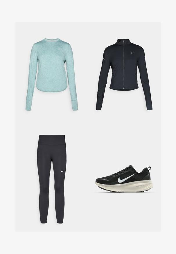 Čierna športová bunda s dlhým rukávom, s predným zipsom a bielym logom Nike swoosh na ľavom prsníku, navrhnutá na tesný strih.; Dlhý rukáv, svetlo modrá športová košeľa. Vyrobená z textúrovaného, vlhkosť odvádzajúceho materiálu s zaobleným lemom a otvormi na palce na rukávoch.; Čierne legíny z elastického materiálu, s vysokým pásom a bielym logom Nike na ľavom stehne. Hladká textúra, priliehavý dizajn.; Čierne bežecké topánky Nike s priedušnou sieťovinou, bielym logom s symbolom swoosh, textúrovanými detailmi a krémovou ZoomX medzipodrážkou.