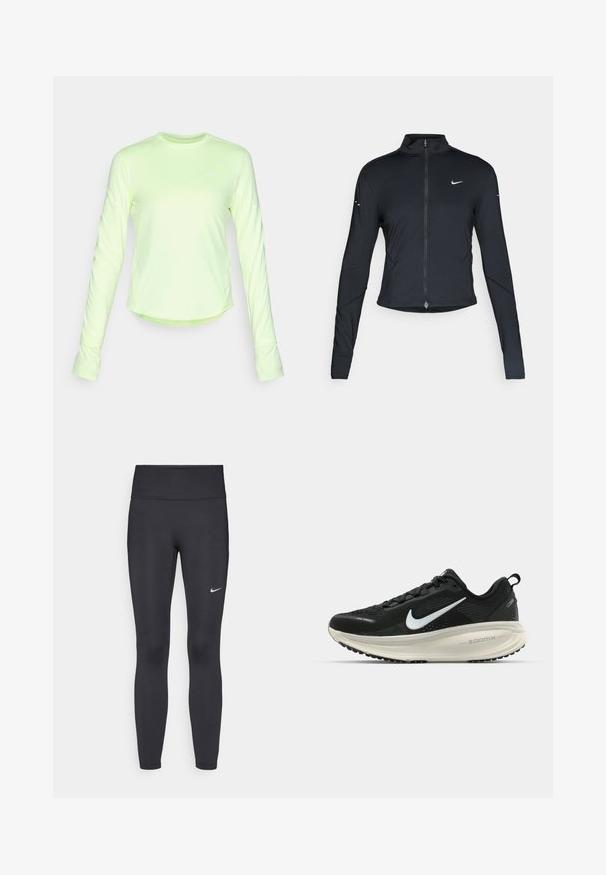 Czarna, długorękawowa, sportowa kurtka z zamkiem błyskawicznym z przodu i białym logo Nike swoosh na lewej piersi, zaprojektowana z myślą o szczupłym kroju.; Koszulka sportowa z długim rękawem w neonowym żółtym kolorze, okrągły dekolt, dopasowany fason, z białym logo Nike na piersi i odblaskowymi detalami na rękawach.; Czarne legginsy z elastycznego materiału, z wysokim pasem i białym logo Nike na lewym udzie. Gładka tekstura, dopasowany krój.; Czarna biegowa półbut z oddychającej siateczki, białym logo swoosh, teksturowanymi detalami oraz kremową podeszwą środkową ZoomX.