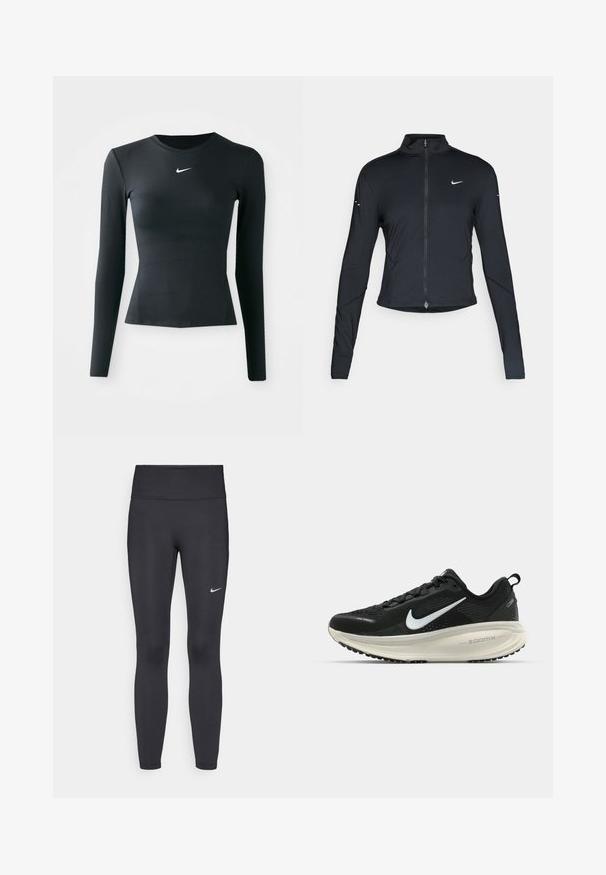 Must have pika, pikkade varrukatega sportlik jakk, ees lukuga ja valge Nike swooshi logo vasakul rinnal, mõeldud kitsaks sobivuseks.; Musthave musta pikkade varrukatega slim-fit särk, mis on valmistatud siledast ja venivast kangast. Omab ümmargust kaelust ja väikest valget Nike logo rinna piirkonnas.; Mustad mustadest leggingid, mis on valmistatud venivast kangast, kõrge vöökoha ja valge Nike logo abil vasakul reiel. Sile tekstuur, keha järgiv disain.; Musthave mustus Nike jooksujalats, millel on hingav võrgust ülemine osa, valge swoosh logo, tekstuuriga detailid ja kreemja värvusega ZoomX vahevöö.