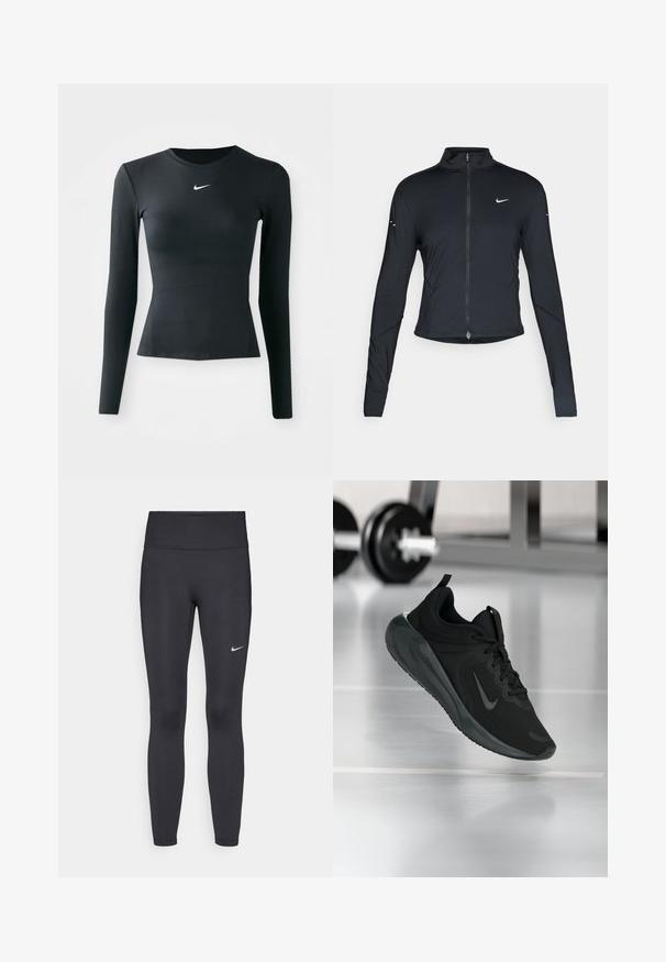 Jachetă sport neagră cu mâneci lungi, fermoar frontal și logo-ul alb al Nike pe pieptul stâng, concepută pentru o croială ajustată.; Top negru cu mâneci lungi, ajustat, confecționat dintr-un material neted și elastic. Are un gât rotund și un mic logo Nike alb pe piept.; Leggings negre dintr-un material elastic, având talie înaltă și un logo alb Nike pe coapsa stângă. Textură netedă, design care se conturează pe corp.; Tenisii sport negru cu logo-ul Nike, arătați în aer deasupra podelei de sală de sport, cu un suport pentru haltere neclar în fundal.
