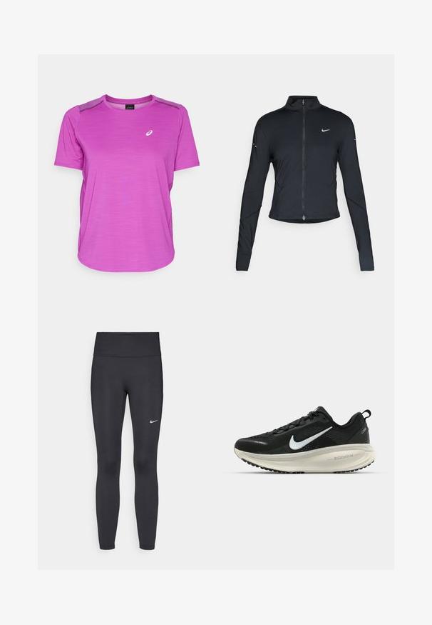 Svart långärmad träningsjacka med framdragkedja och vitt Nike-swoosh-logotyp på vänster bröst, designad för en slim fit.; ASICS ROAD TOP - T-shirt till träning - bold magenta; Svarta leggings i elastiskt material, med hög midja och en vit Nike-logga på vänster lår. Slät textur, figurnära design.; Svart Nike löparsko med andningsbart mesh-ovandel, vit swoosh-logotyp, texturerad detaljering och en krämfärgad ZoomX-mellansula.