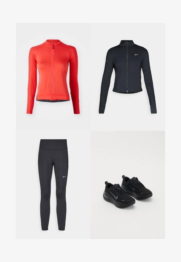 Black long-sleeve athletic jacket with front zipper and white Nike swoosh logo on left chest, designed for a slim fit.; Long-sleeve cycling jersey in bright red, featuring a full zipper, ribbed texture, and black hem accents. Lightweight, athletic fit.; Black leggings made of stretchy fabric, featuring a high waistband and a white Nike logo on the left thigh. Smooth texture, form-fitting design.; Black athletic shoes with a textured upper, lace-up design, and a thick, cushioned sole. Features a grey Nike logo on each side.