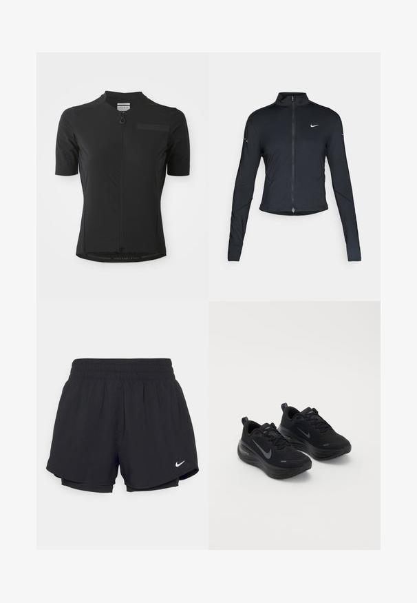 Černá sportovní bunda s dlouhým rukávem, s předním zapínáním na zip a bílým logem Nike swoosh na levé části hrudníku, navržena pro slim fit.; Černý cyklistický dres vyrobený z materiálu odvádějícího vlhkost; má krátký zip, krátké rukávy a logo na spodním lemu.; Černé sportovní šortky s nařaseným elastickým pasem, vnitřní podšívkou a bílým logem Nike na dolním levém rohu. Hladká, lehká tkanina.; Černé sportovní boty s texturovaným svrškem, šněrovacím designem a silnou, měkkou podrážkou. Na každé straně se nachází šedé logo Nike.