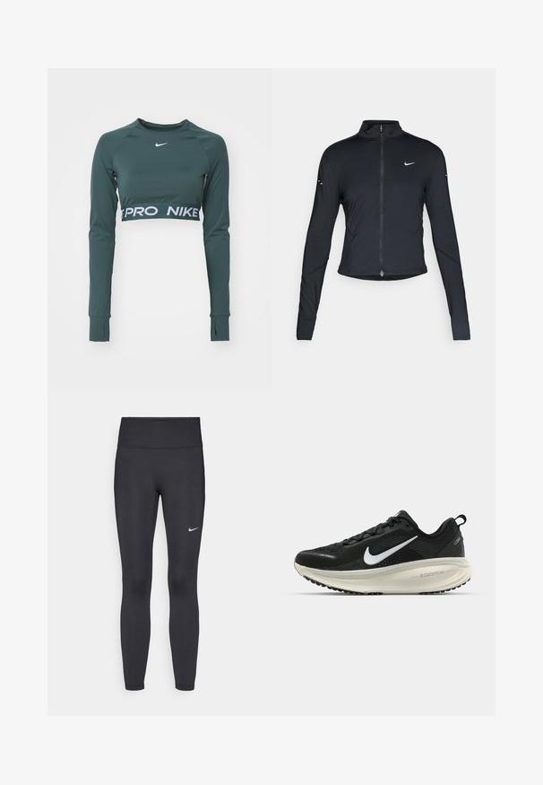 Fekete, hosszú ujjú sportdzseki elején zippzárral és fehér Nike swoosh logóval a bal mellen, karcsú fazonra tervezve.; Sötétzöld, hosszú ujjú rövid fazonú felső sima anyagból. Jellemző rá egy logó és egy kontrasztos fehér szalag a szegélyén "PRO NIKE" felirattal.; Fekete leggings elasztikus anyagból, magas derékkal és fehér Nike logóval a bal combon. Simább textúra, testhez álló kialakítás.; Fekete Nike futócipő légáteresztő hálós felsőrésszel, fehér Swoosh logóval, textúrázott részletekkel és krém színű ZoomX középtalppal.