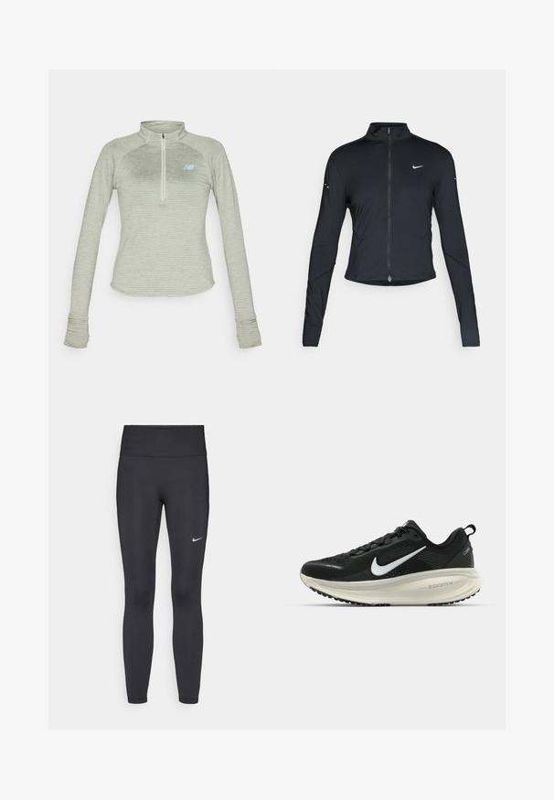 Schwarze, langärmelige Sportjacke mit Frontreißverschluss und weißem Nike-Swoosh-Logo auf der linken Brust, entworfen für eine schlanke Passform.; New Balance ATHLETICS GRID 1/2 ZIP - Langarmshirt - garter snake heather; Schwarze Leggings aus elastischem Stoff, mit einem hohen Bund und einem weißen Nike-Logo auf dem linken Oberschenkel. Glatte Textur, figurbetontes Design.; Schwarzer Nike-Laufschuh mit atmungsaktivem Mesh-Obermaterial, weißem Swoosh-Logo, strukturierten Details und einer cremefarbenen ZoomX-Zwischensohle.