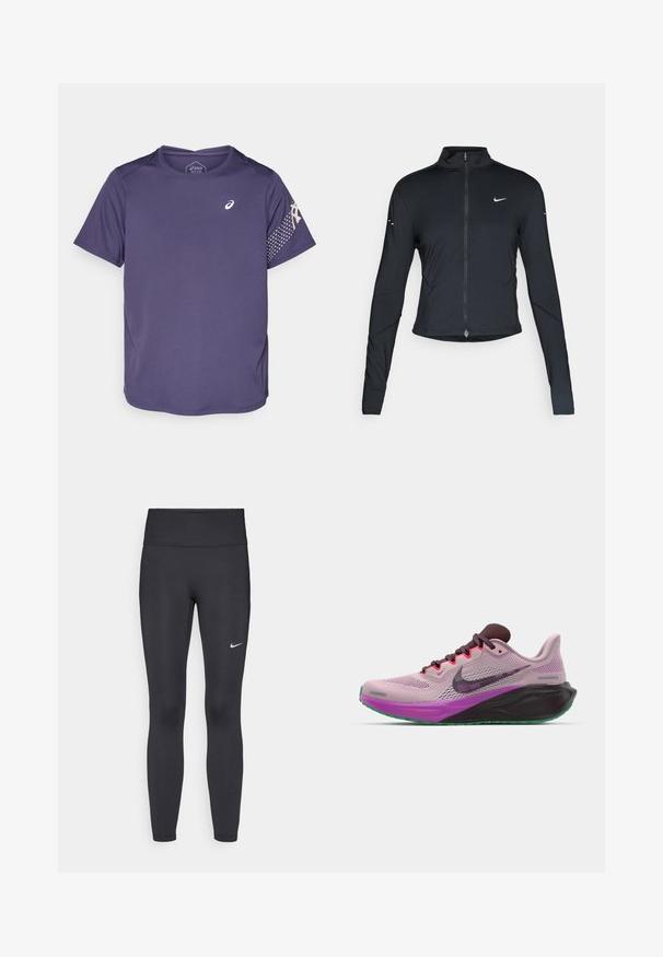 Black long-sleeve athletic jacket with front zipper and white Nike swoosh logo on left chest, designed for a slim fit.; Purple athletic t-shirt with short sleeves, textured fabric, rounded neckline, and a logo on the chest. Polka dot pattern on the sleeve.; Black leggings made of stretchy fabric, featuring a high waistband and a white Nike logo on the left thigh. Smooth texture, form-fitting design.; Nike running shoes in pink mesh with purple accents, featuring a black sole and green outsole. Lace-up with a padded collar.