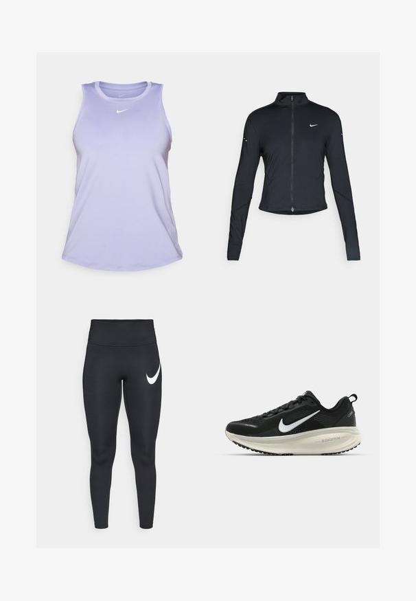 Crna dugoslejeva sportska jakna s prednjim patentnim zatvaračem i bijelim Nike swoosh logom na lijevoj strani prsnog dijela, dizajnirana za uski fit.; Svijetloplavi Nike majica bez rukava s okruglim izrezom, malim bijelim logotipom na gornjem dijelu prsa. Glatka, tkanina koja odvodi vlagu.; Crne visoke atletične tajice s bijelim Nike swoosh logotipom na gornjoj lijevoj butini na bijeloj pozadini.; Crne Nike trkačke tenisice s prozračnom mrežastom gornjom konstrukcijom, bijelim swoosh logotipom, teksturiranim detaljima i kremastom ZoomX srednjom potplatnom jedinicom.