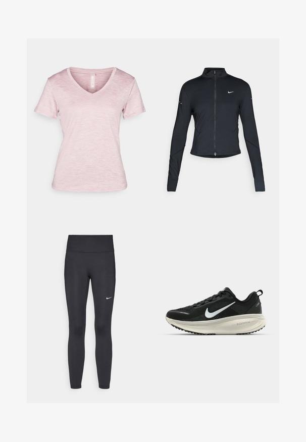 Zwarte lange mouwen sportjack met rits aan de voorkant en wit Nike swoosh-logo op de linkerborst, ontworpen voor een slank figuur.; Lichtroze V-hals, kortom shirt met een gemêleerde textuur, zacht materiaal en gestikte zoomdetails.; Zwarte legging van rekbare stof met een hoge tailleband en een wit Nike-logo op de linkerdij. Gladde textuur, aansluitend ontwerp.; Zwarte Nike hardloopschoen met ademend mesh bovenwerk, witte swoosh-logo, gestructureerde details en een crèmekleurige ZoomX middenzool.
