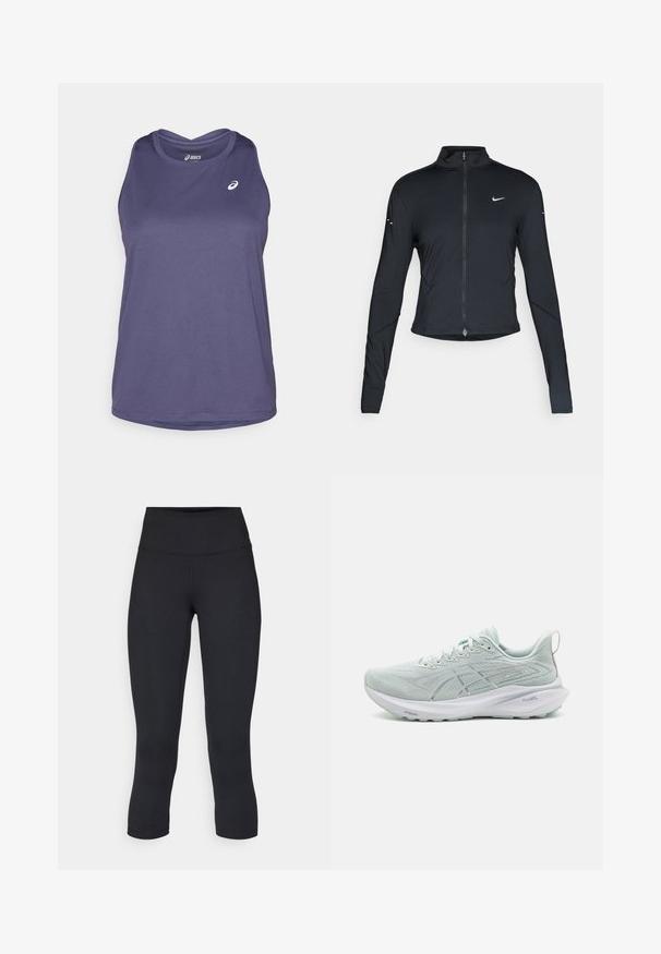 Giacca sportiva nera a maniche lunghe con zip frontale e logo Nike swoosh bianco sul lato sinistro del petto, progettata per una vestibilità slim.; Top atletico senza maniche di colore viola, realizzato in tessuto leggero, con scollatura rotonda e logo del marchio visibile con discrezione sul davanti.; Leggings cropped neri realizzati in tessuto elasticizzato, con vita alta e texture liscia, senza motivi o componenti visibili.; Scarpa da corsa blu chiaro con una tomaia in rete traspirante, motivi sottili, intersuola bianca e suola esterna in gomma testurizzata. Presenta un design con lacci.