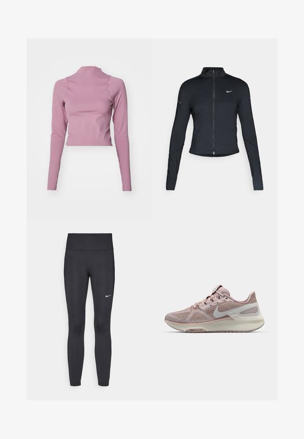 Sort langærmet træningsjakke med frontlynlås og hvid Nike swoosh-logo på venstre bryst, designet til en tætsiddende pasform.; Langærmet, cropped top i blødt, strækbart pink stof. Har en høj halsudskæring og en glat tekstur med minimale syninger.; Sorte leggings lavet af strækbart stof, med en høj talje og et hvidt Nike-logo på venstre lår. Glat tekstur, tætsiddende design.; Nike løbesko med mesh-overdel i lys pink og grå, featuring en polstret sål og et rundt tådesign. Accentueret med swoosh-logo.