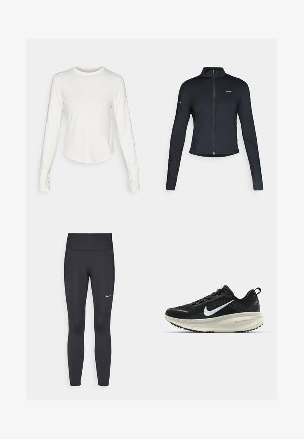 Black long-sleeve athletic jacket with front zipper and white Nike swoosh logo on left chest, designed for a slim fit.; White long-sleeve athletic shirt made of smooth, lightweight material. Features a round neckline and a Nike logo on the chest.; Black leggings made of stretchy fabric, featuring a high waistband and a white Nike logo on the left thigh. Smooth texture, form-fitting design.; Black Nike running shoe with breathable mesh upper, white swoosh logo, textured detailing, and a cream-colored ZoomX midsole.