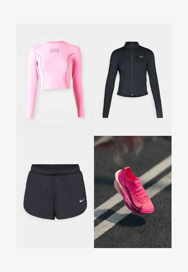 Sort langærmet træningsjakke med frontlynlås og hvid Nike swoosh-logo på venstre bryst, designet til en tætsiddende pasform.; Pink langærmet crop top lavet af strækbart stof. Har en rund halsudskæring og kontrasterende syninger. Nike-logoet er broderet på brystet.; Sorte atletikshorts med elastisk talje, med et sporty design og en hvid Nike-logo på den nederste front. Tekstureret stof.; Sportssko i lys pink strikkemateriale med tekstureret overflade, mesh-overdel og en hvid mellemsål. Har et swoosh-logo i mørk pink.