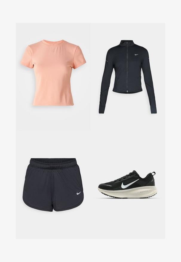 Black long-sleeve athletic jacket with front zipper and white Nike swoosh logo on left chest, designed for a slim fit.; Light pink, short-sleeved t-shirt made of ribbed fabric. Features a round neckline and a small embossed logo at the center.; Black athletic shorts with an elastic waistband, featuring a sporty design and a white Nike logo on the lower front. Textured fabric.; Black Nike running shoe with breathable mesh upper, white swoosh logo, textured detailing, and a cream-colored ZoomX midsole.