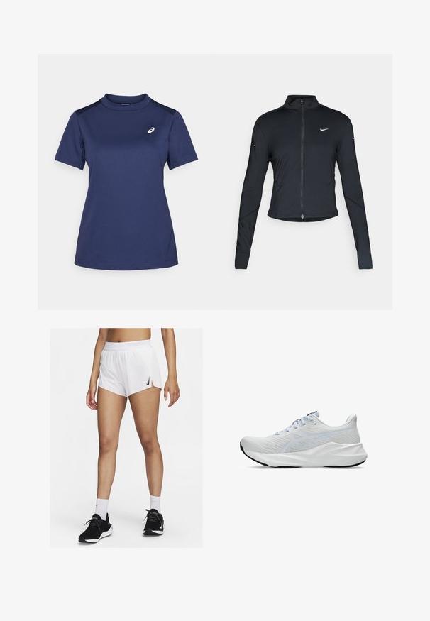 Black long-sleeve athletic jacket with front zipper and white Nike swoosh logo on left chest, designed for a slim fit.; ASICS COURT TOP - Sports T-shirt - midnight; White athletic shorts with a ribbed waistband, side slits, and a black Nike logo. Worn with black sneakers and white crew socks.; White athletic sneakers with a breathable mesh upper, light blue accents, lace-up closure, bold logo detail, and textured sole for grip.