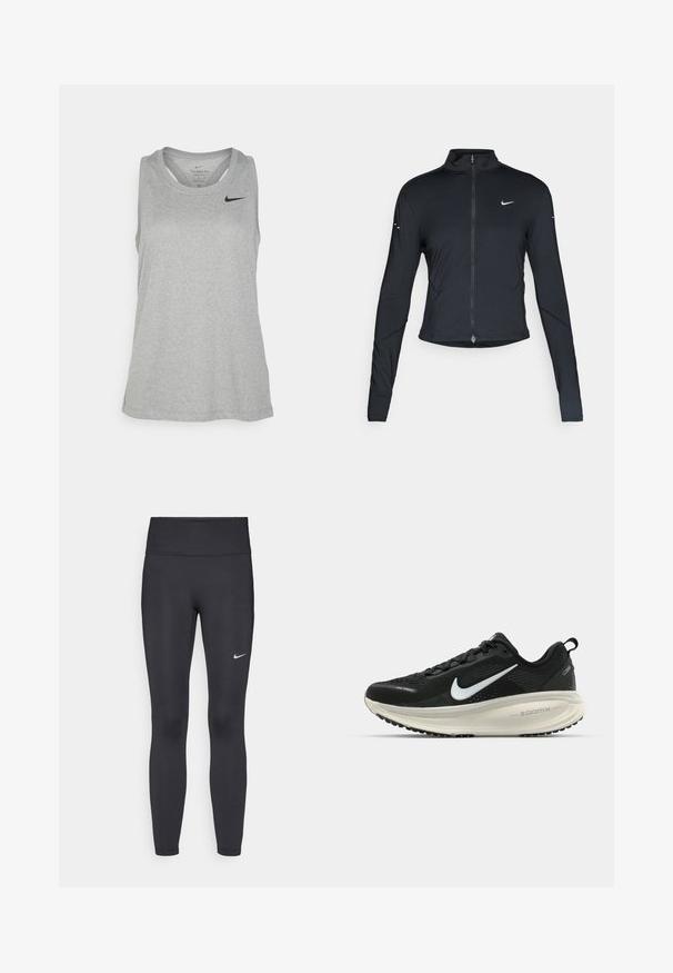 Svart långärmad träningsjacka med framdragkedja och vitt Nike-swoosh-logotyp på vänster bröst, designad för en slim fit.; Grå atletisk linne gjort av ett lätt material. Har en rund halsringning, är ärmlös och har en liten svart logotyp på bröstet.; Svarta leggings i elastiskt material, med hög midja och en vit Nike-logga på vänster lår. Slät textur, figurnära design.; Svart Nike löparsko med andningsbart mesh-ovandel, vit swoosh-logotyp, texturerad detaljering och en krämfärgad ZoomX-mellansula.