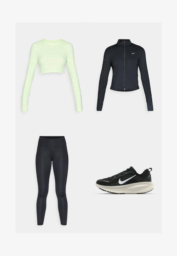 Melnā garo piedurkņu sporta jaka ar priekšējo rāvējslēdzēju un baltu Nike swoosh logo uz kreisā krūts, paredzēta ciešai piegriezei.; Gaiši zaļš garām piedurknēm īss tops ar visā virsmā redzamu "NIKE PRO" teksta rakstu. Pieguļošs, gluds audums, noapaļota kakla izgriezums un piegulošas piedurknes.; Melnas legingi, izgatavoti no gludas, elastīgas auduma. Augsts jostasvieta bez redzamām rakstiem vai akcentiem. Cieši pieguļ no jostas līdz potītēm.; Melnas Nike skriešanas kurpes ar elpojošu acs augšdaļu, baltu Swoosh logotipu, strukturētu apdari un krēmkrāsas ZoomX starpsole.