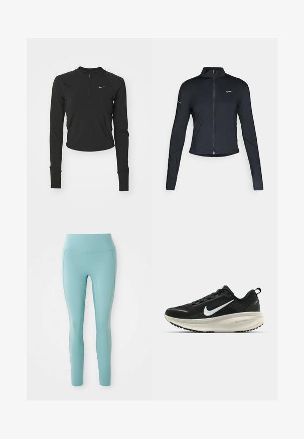 Svart langermet treningsjakke med glidelås foran og hvit Nike swoosh-logo på venstre bryst, designet for en slank passform.; Nike Performance RUN - Topper langermet - black; Lyseblå leggings laget av elastisk stoff, med høy midje og en glatt, uforstyrrende design uten dekorasjoner.; Svart Nike løpesko med pustende mesh-overdel, hvit swoosh-logo, teksturert detaljer og en kremfarget ZoomX mellomsåle.