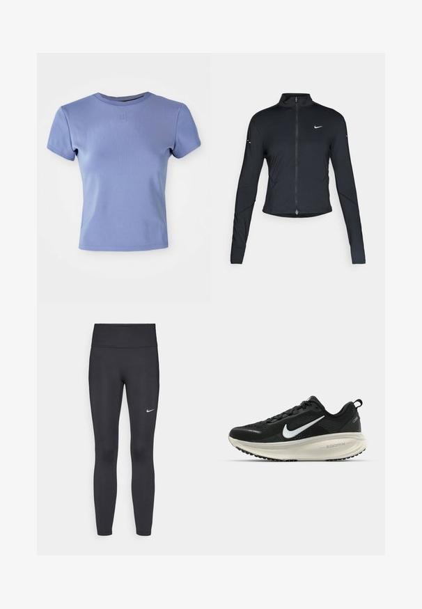 Musta pitkähihainen urheilu takki, jossa on edessä vetoketju ja valkoinen Nike-swoosh-logo vasemmassa rinnassa, suunniteltu slim fit -malliseksi.; Vaaleanlila muotoiltu t-paita, joka on valmistettu ribbitystä kankaasta. Paidassa on pyöreä pääntie ja lyhyet hihat. Rinnassa on pieni logoyksityiskohta.; Mustat leggingsit joustavasta kankaasta, joissa on korkea vyötärö ja valkoinen Nike-logo vasemmassa reidessä. Sileä pinta, muotoaan myötäilevä suunnittelu.; Mustat Nike-juoksukengät, joissa on hengittävä verkko-osa, valkoinen swoosh-logo, teksturoitu yksityiskohtaus ja kermaisen värinen ZoomX-välipohja.