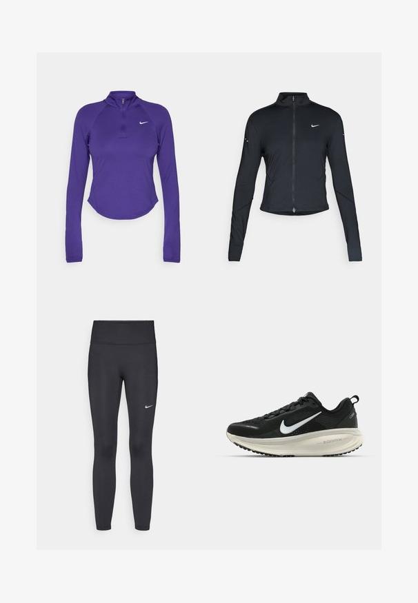 Black long-sleeve athletic jacket with front zipper and white Nike swoosh logo on left chest, designed for a slim fit.; Purple long-sleeve athletic top with a high neck and half zipper. Features a cropped hem and white Nike logo on the chest. Stretch fabric.; Black leggings made of stretchy fabric, featuring a high waistband and a white Nike logo on the left thigh. Smooth texture, form-fitting design.; Black Nike running shoe with breathable mesh upper, white swoosh logo, textured detailing, and a cream-colored ZoomX midsole.