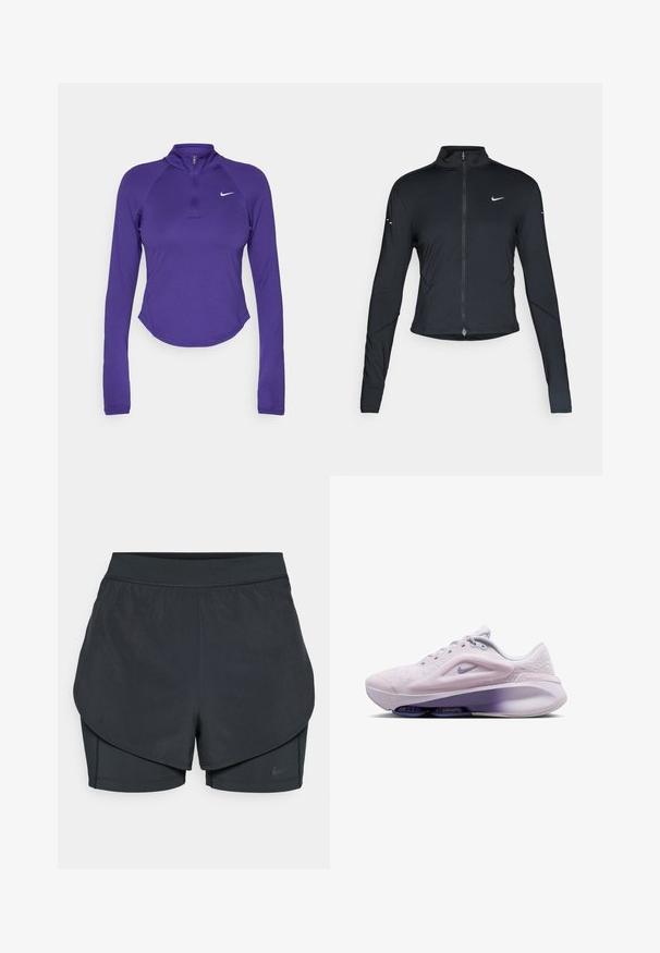 Črna dolgoprogaška jakna s dolgimi rokavi, z zadrgo spredaj in belim logotipom Nike na levem prsnem delu, zasnovana za ohlapno prileganje.; Vijolična športna majica z dolgimi rokavi, visokim ovratnikom in polnim zadrgo. Ima krajši kroj in bel Nike logotip na prsih. Raztegljiv material.; Črne atletske kratke hlače z večplastnim dizajnom, ki vključuje gladko zunanjo plast in prilegnjene notranje kratke hlače. Narejene so iz lahkega, elastičnega materiala.; Svijetloplavi atletski oblik cipela s teksturiranim gornjim dijelom, okruglim nosom i amortizirajućim srednjim dijelom. Sadrži ljubičasti Nike znak i mrežaste detalje.