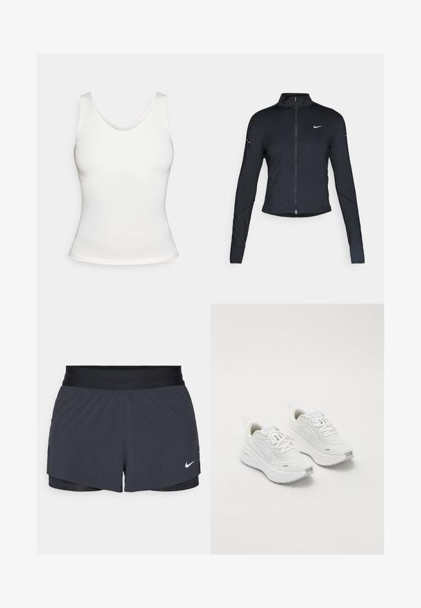 Black long-sleeve athletic jacket with front zipper and white Nike swoosh logo on left chest, designed for a slim fit.; White sleeveless fitted tank top with a scoop neckline on a plain white background.; Black athletic shorts with an elastic waistband, featuring a layered design and a small white Nike logo on the lower left. Lightweight material.; White athletic shoes with a textured mesh upper, cushioned sole, and subtle grey accents. Includes branding and looped heel tab for easy wear.
