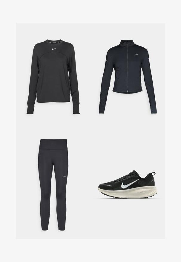 Black long-sleeve athletic jacket with front zipper and white Nike swoosh logo on left chest, designed for a slim fit.; Nike Performance SWIFT TOP - Long sleeved top - black/(reflective silv); Black leggings made of stretchy fabric, featuring a high waistband and a white Nike logo on the left thigh. Smooth texture, form-fitting design.; Black Nike running shoe with breathable mesh upper, white swoosh logo, textured detailing, and a cream-colored ZoomX midsole.