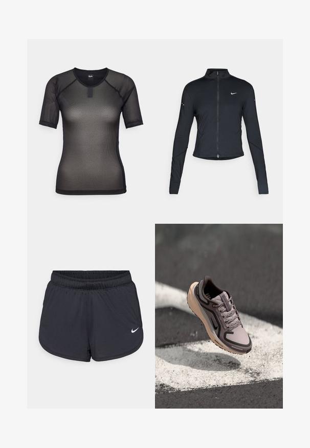 Crna dugoslejeva sportska jakna s prednjim patentnim zatvaračem i bijelim Nike swoosh logom na lijevoj strani prsnog dijela, dizajnirana za uski fit.; Crna kratka majica od mrežastog materijala s okruglim izrezom i raglan rukavima. Ima teksturirani uzorak i malu oznaku branda na ovratniku.; Crne sportske kratke hlače s elastičnim pojasom, sportski dizajn i bijeli Nike logo na donjem prednjem dijelu. Teksturirani materijal.; Svijetlopurpurene atletske cipele s sivim detaljima, višenamjenski sintetički gornji dio, vezice i bež potplat s vidljivim uzorkom tanke.