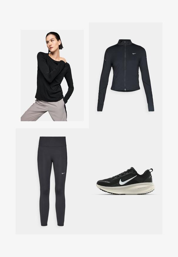 Black long-sleeve athletic jacket with front zipper and white Nike swoosh logo on left chest, designed for a slim fit.; Long-sleeve black shirt in soft fabric, featuring a rounded neckline and fitted silhouette, paired with light gray pants.; Black leggings made of stretchy fabric, featuring a high waistband and a white Nike logo on the left thigh. Smooth texture, form-fitting design.; Black Nike running shoe with breathable mesh upper, white swoosh logo, textured detailing, and a cream-colored ZoomX midsole.