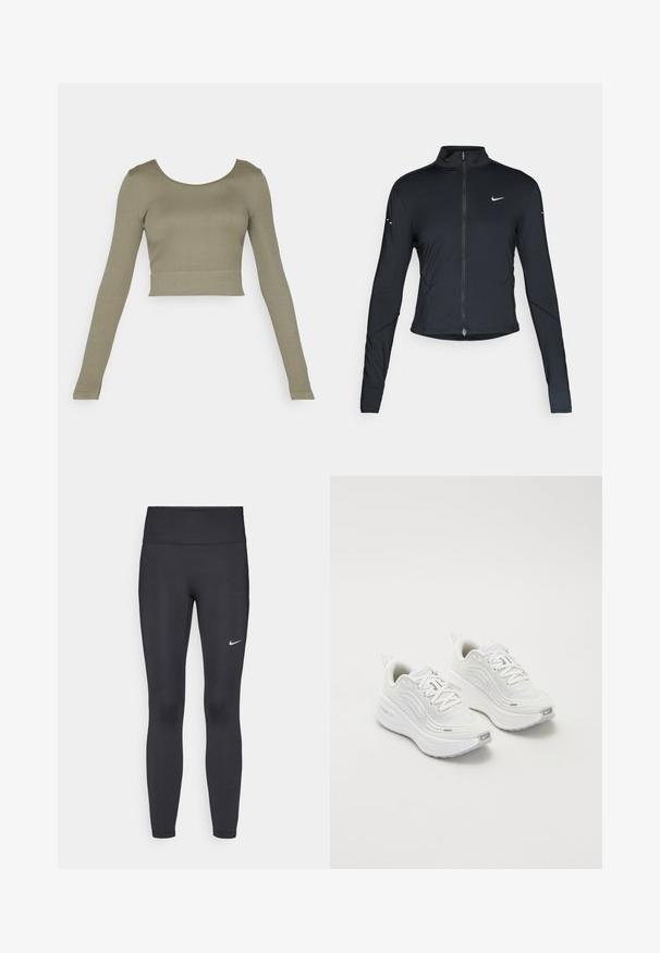 Čierna športová bunda s dlhým rukávom, s predným zipsom a bielym logom Nike swoosh na ľavom prsníku, navrhnutá na tesný strih.; Olivovo zelený dlhý rukáv krčiačkový top s ryhovanou textúrou, okrúhlym výstrihom a priliehajúcimi rukávmi, vhodný na bežné nosenie.; Čierne legíny z elastického materiálu, s vysokým pásom a bielym logom Nike na ľavom stehne. Hladká textúra, priliehavý dizajn.; Biele športové topánky s textúrovaným sieťovým zvrškom, polstrovanou podrážkou a jemnými šedými akcentmi. Obsahujú branding a slučkovú pätku pre jednoduché obúvanie.