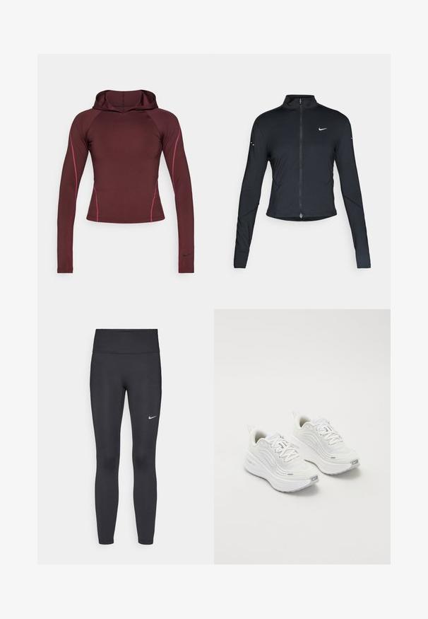 Must have pika, pikkade varrukatega sportlik jakk, ees lukuga ja valge Nike swooshi logo vasakul rinnal, mõeldud kitsaks sobivuseks.; Maroon pikkade varrukatega kapuutsiga topp, mis on valmistatud venivast materjalist, roosa külgõmblustega ja väikese musta Nike logo'ga mansetil.; Mustad mustadest leggingid, mis on valmistatud venivast kangast, kõrge vöökoha ja valge Nike logo abil vasakul reiel. Sile tekstuur, keha järgiv disain.; Valged spordijalatsid, millel on tekstureeritud võrkkangas üst, pehme tallaga ja peened hallid aktsendid. Kaasas bränding ja aasaga kannaaken mugavaks selga panemiseks.