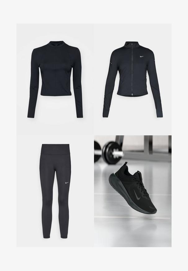 Black long-sleeve athletic jacket with front zipper and white Nike swoosh logo on left chest, designed for a slim fit.; Black long-sleeve cropped top in a smooth, stretchy fabric with a high collar and a back zipper. Features seam detailing along the sleeves.; Black leggings made of stretchy fabric, featuring a high waistband and a white Nike logo on the left thigh. Smooth texture, form-fitting design.; Black sports sneaker with Nike logo, shown mid-air on gym floor, with blurred dumbbell rack in background.